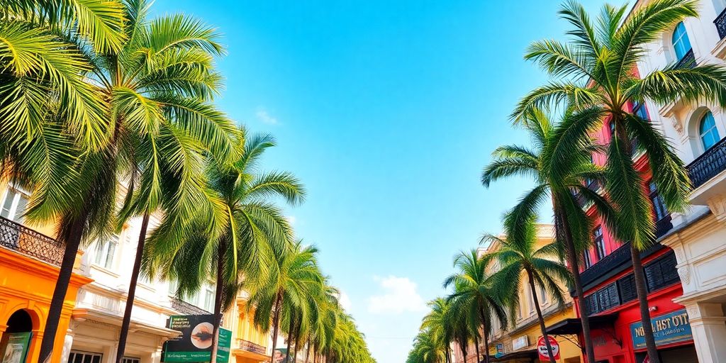 Sunny Ho Chi Minh City street scene with palm trees.