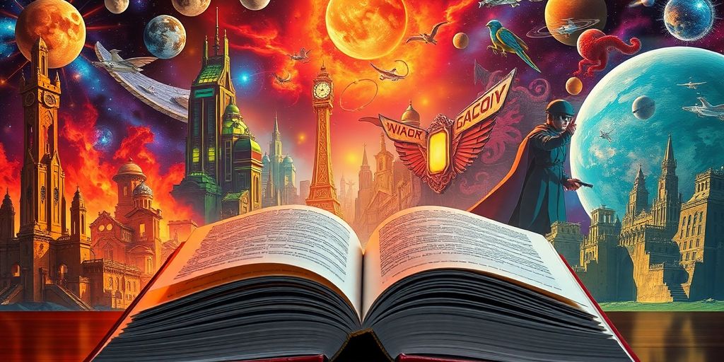 An open book with illustrations of fantasy and sci-fi.