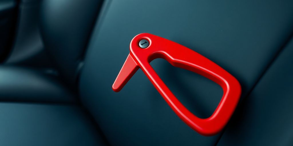 Red seat belt cutter on Tesla seat