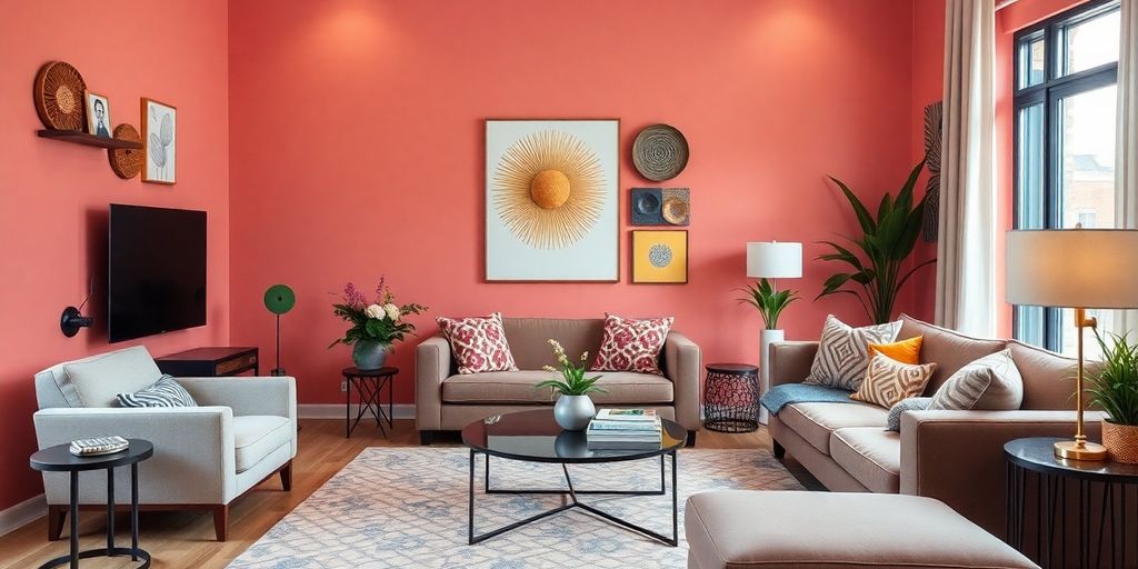 Modern living room with stylish furniture and decor.