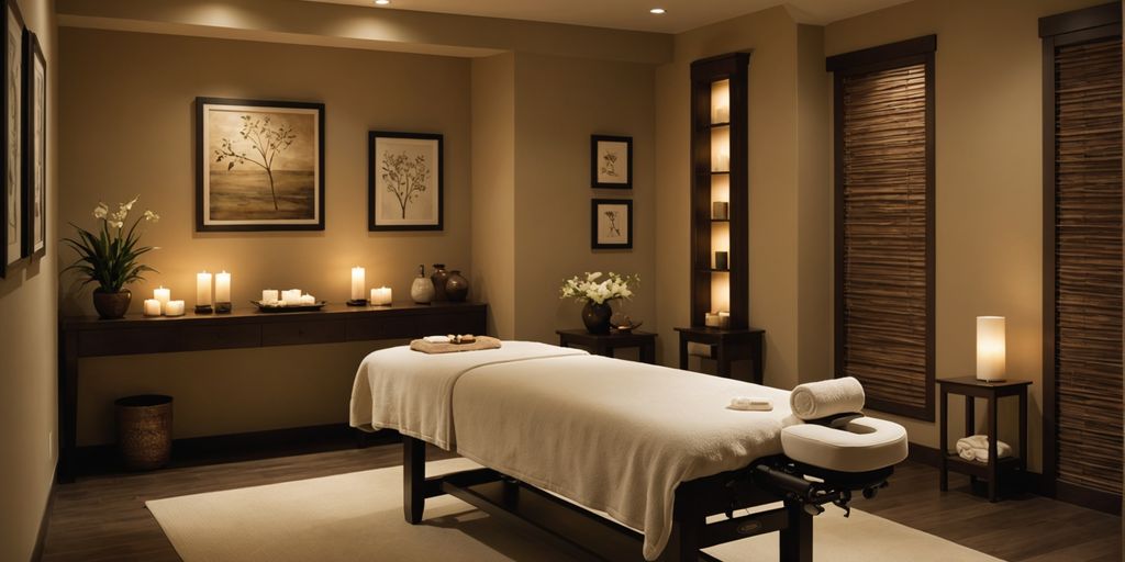 Serene spa room with massage table.