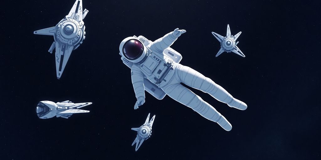 An astronaut floats in space, surrounded by futuristic spacecraft.