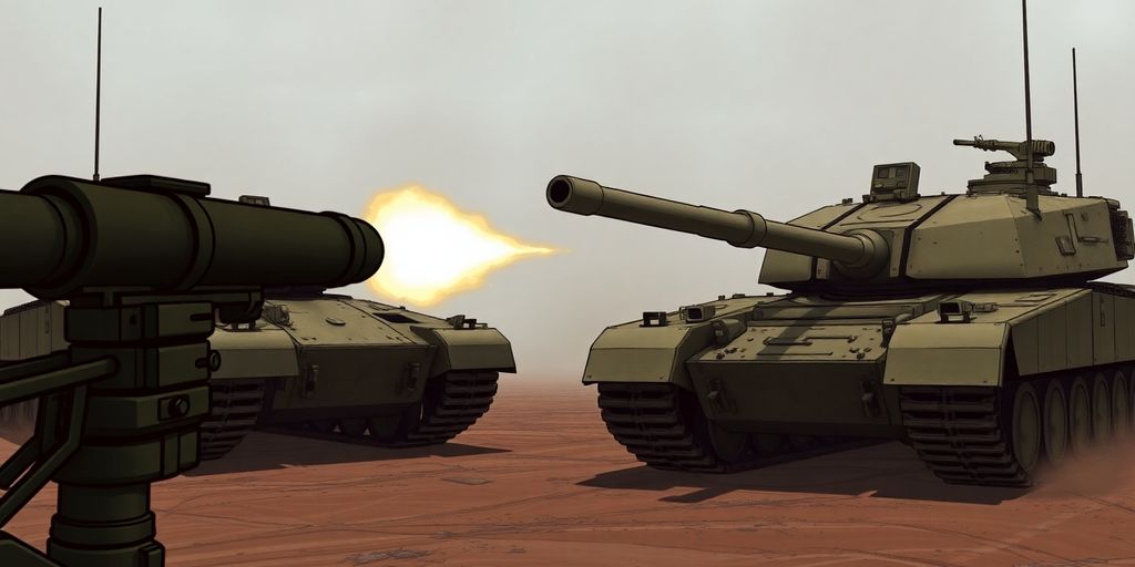 RPG-29 launcher aimed at M1 Abrams tank.