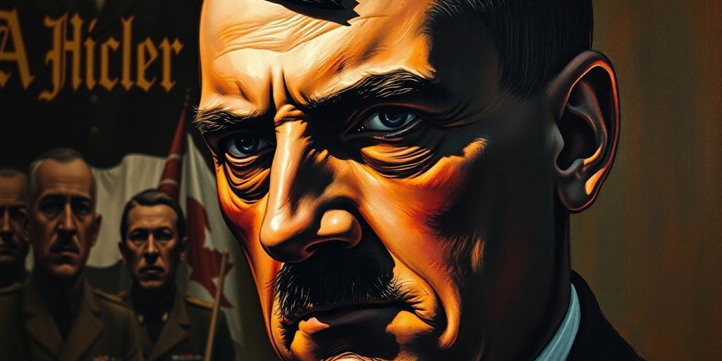 Intense painting of Hitler with dramatic colors and shadows.