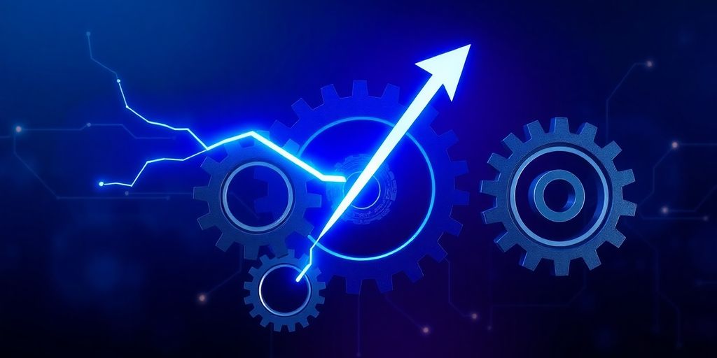 Gears turning, lightning bolt, upward arrow.