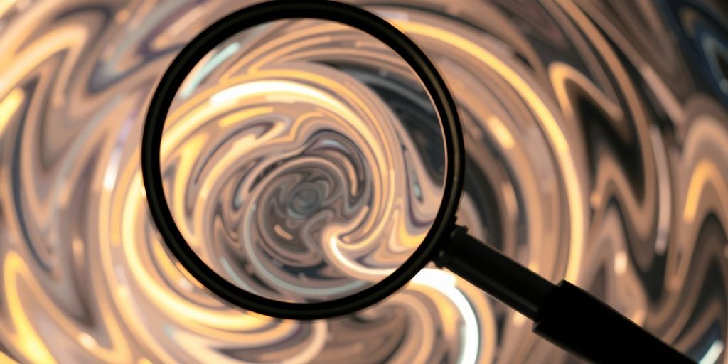 Magnifying glass hovering over abstract data patterns.