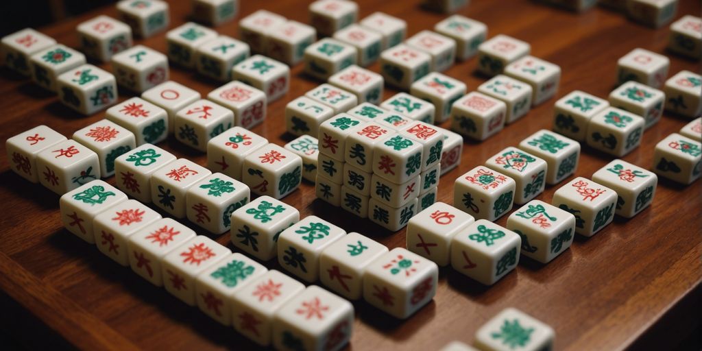 Beautifully arranged Mahjong set with intricately designed tiles on a wooden table, perfect for game night.