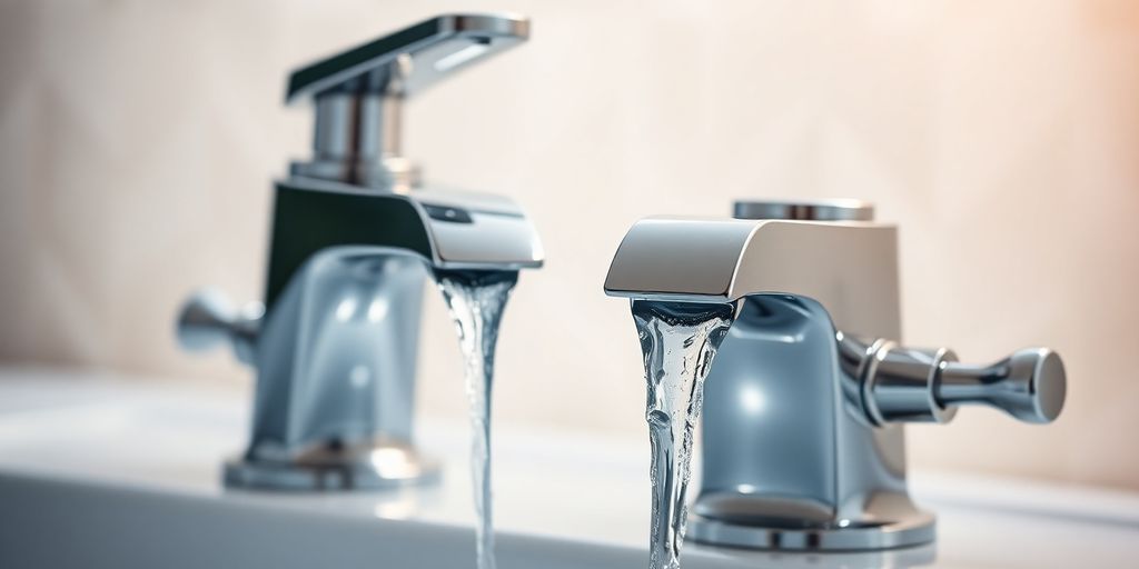 Shining chrome bathroom tap sets, water flowing.