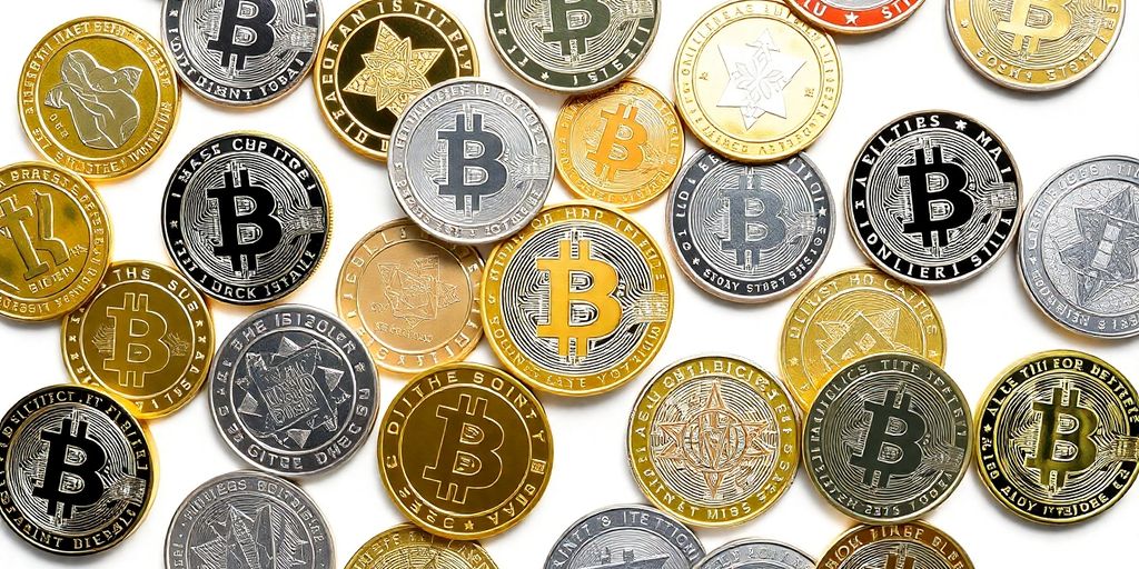 Arranged cryptocurrency coins on a neutral background.