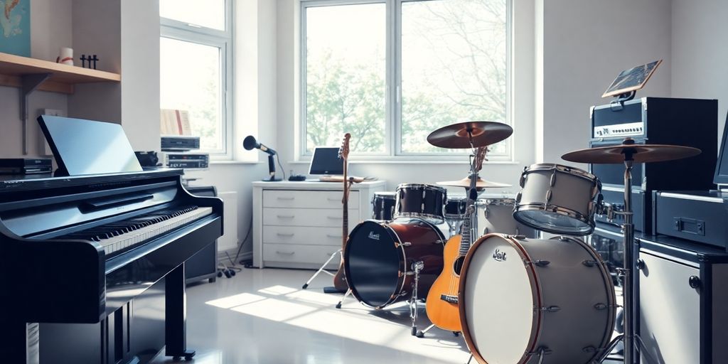 Musical instruments in a clean, modern lab.