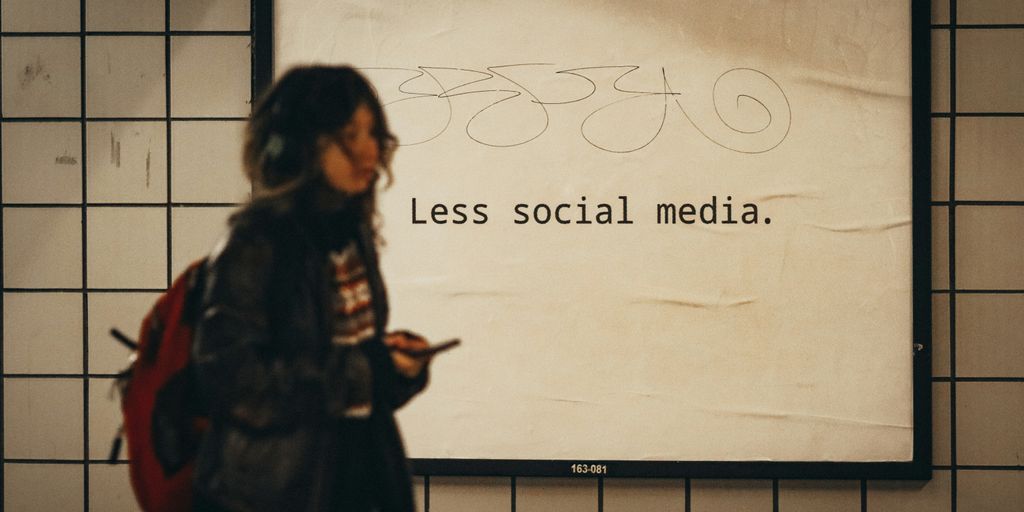 a woman standing in front of a sign that says less social media
