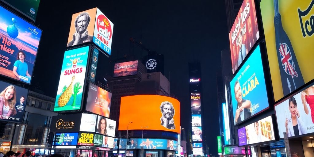 Illuminated cityscape with colorful billboards at night.