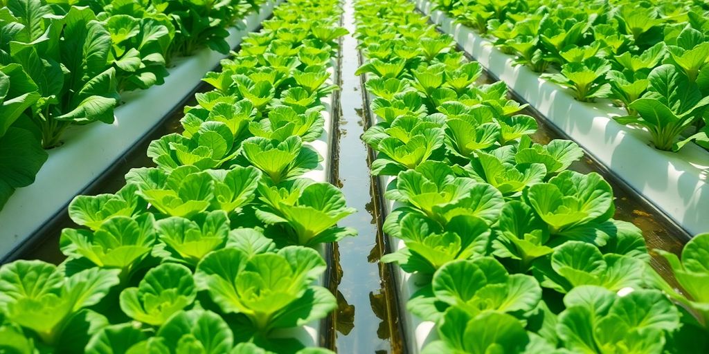 Lush hydroponic vegetable garden with vibrant greens.