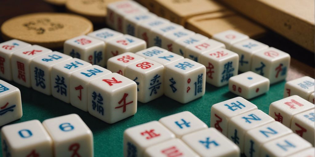 Mahjong tiles arranged with a measuring tape, illustrating their dimensions and proper storage methods.
