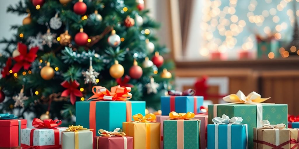 Christmas tree with colorful gifts under it.