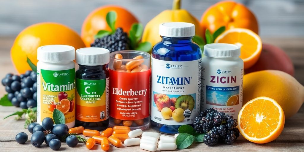 Suplementos para imunidade em uma mesa de madeira.
