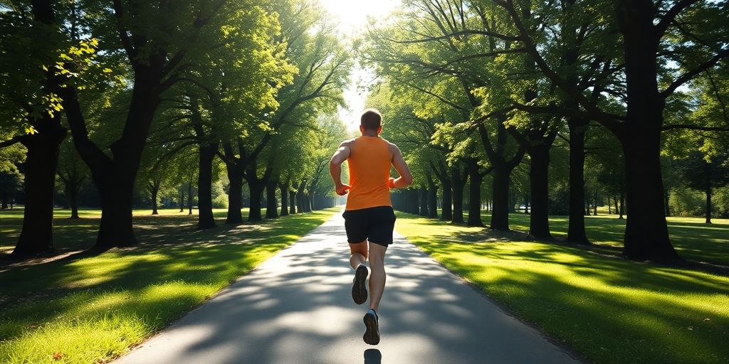 Runner on tree-lined path, sunlit