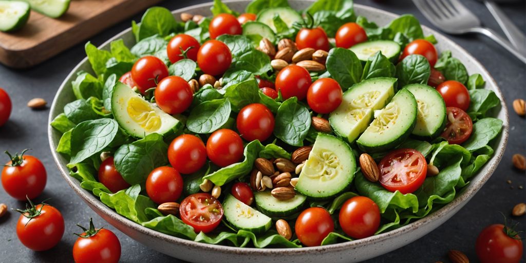 Fresh salad bowl with vegetables and nuts