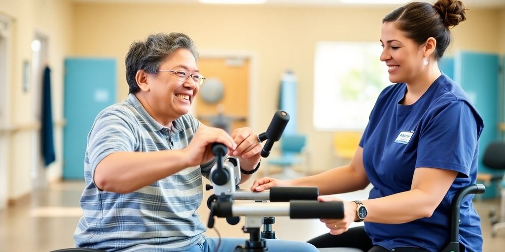 Patient using adaptive equipment in therapy session.