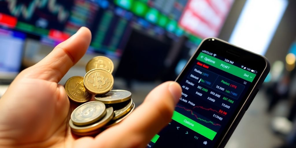 Hand with coins and smartphone on options trading.