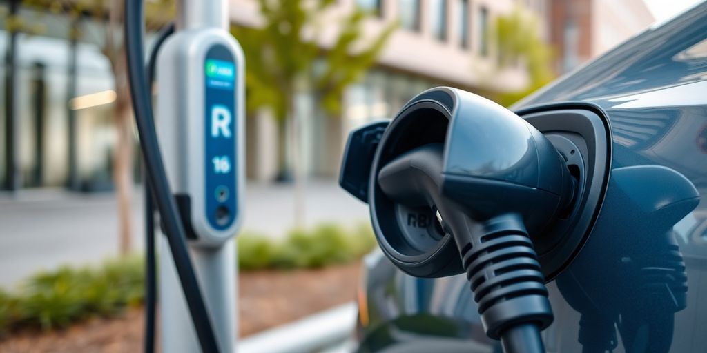 Electric vehicle charging station in an urban setting.