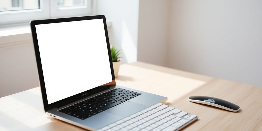 Laptop, keyboard, cover letter, minimalist desk, natural light