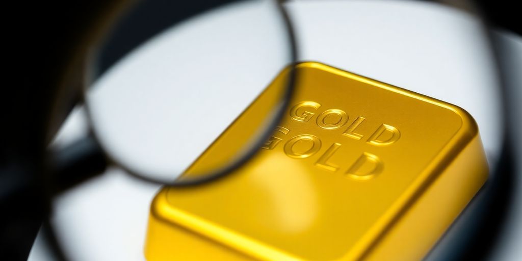 Lingot d'or avec une loupe sur sa surface.