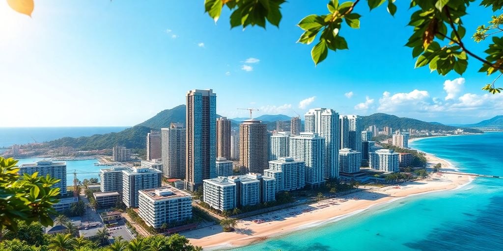 Phuket skyline with luxury condos and tropical beaches.