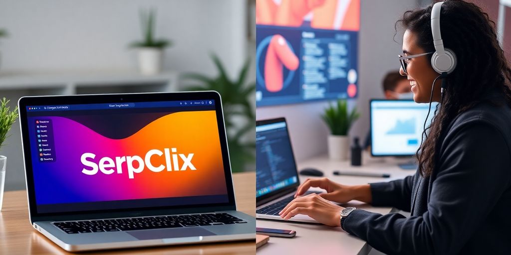 Two users using SerpClix and SerpSEO on laptops.