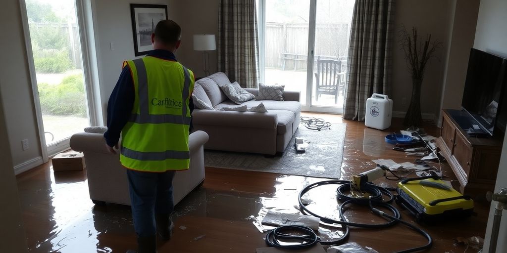 Flooded home interior with technician inspecting wet furniture and debris.