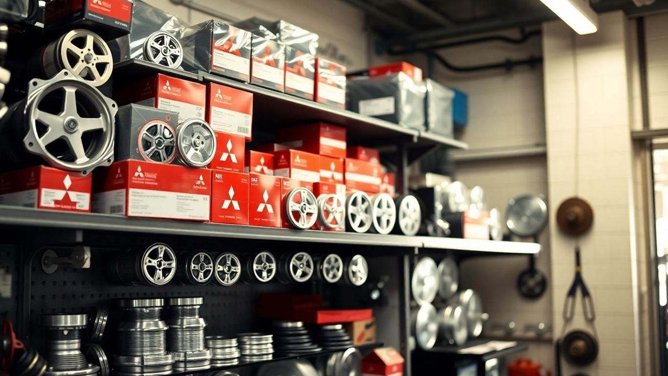 Genuine Mitsubishi car parts displayed in a workshop