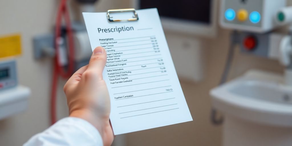 Main d'un médecin tenant un bloc-notes de prescription.