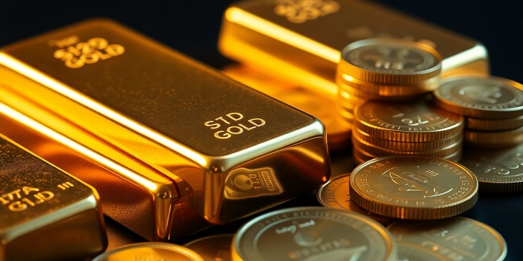 Lingots d'or et pièces d'or de différentes tailles.