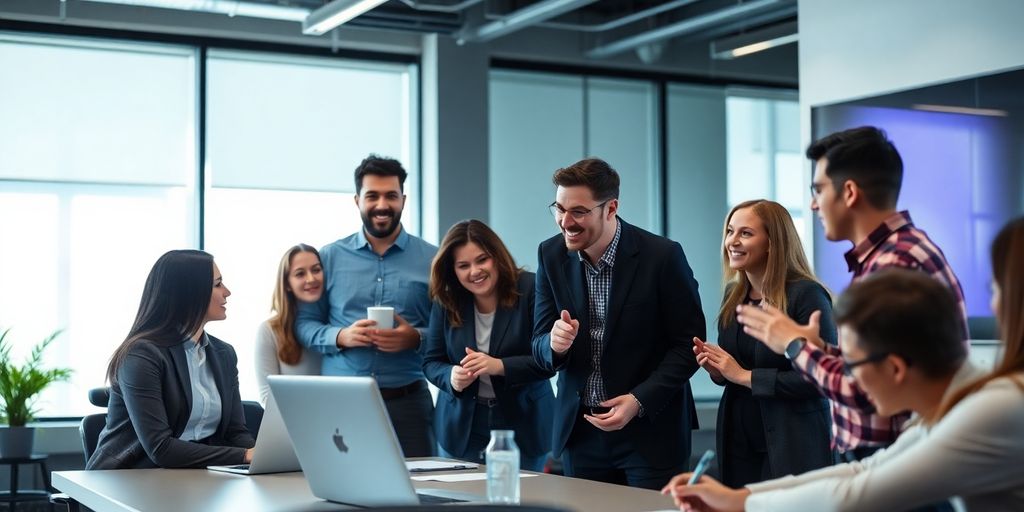 Équipe commerciale en formation collaborative dans un bureau moderne.