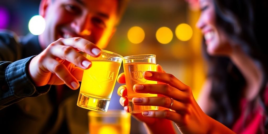 Two friends clinking tequila shot glasses with smiles.