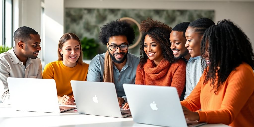 Diverse Amazon sellers collaborating in a modern workspace.