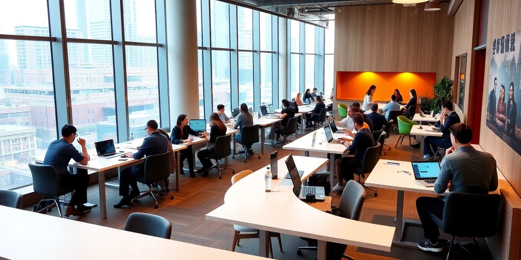 Modern coworking space in Shanghai with vibrant atmosphere.