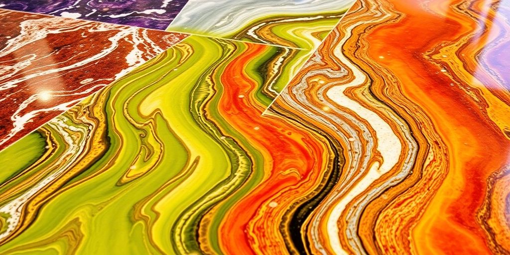 Colorful epoxy flooring samples with glossy finishes.