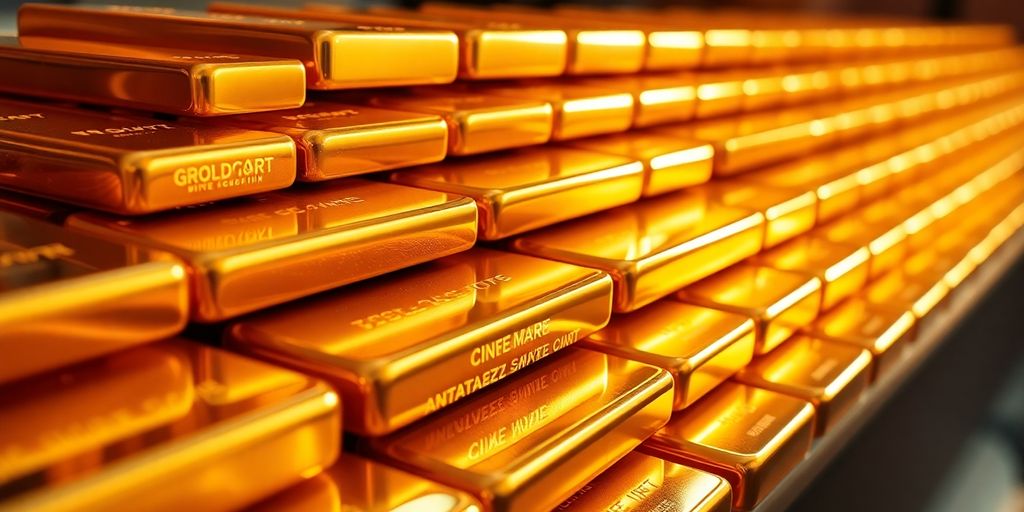 Lingots d'or brillant sous une lumière dorée.