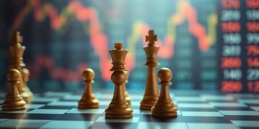 Chess pieces on board with financial charts.