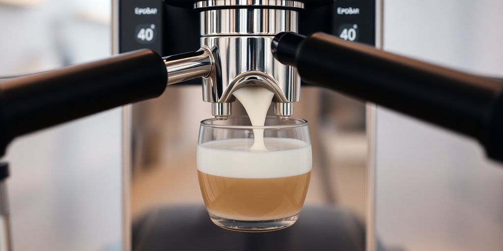 Expobar coffee machine frothing milk with steam rising.