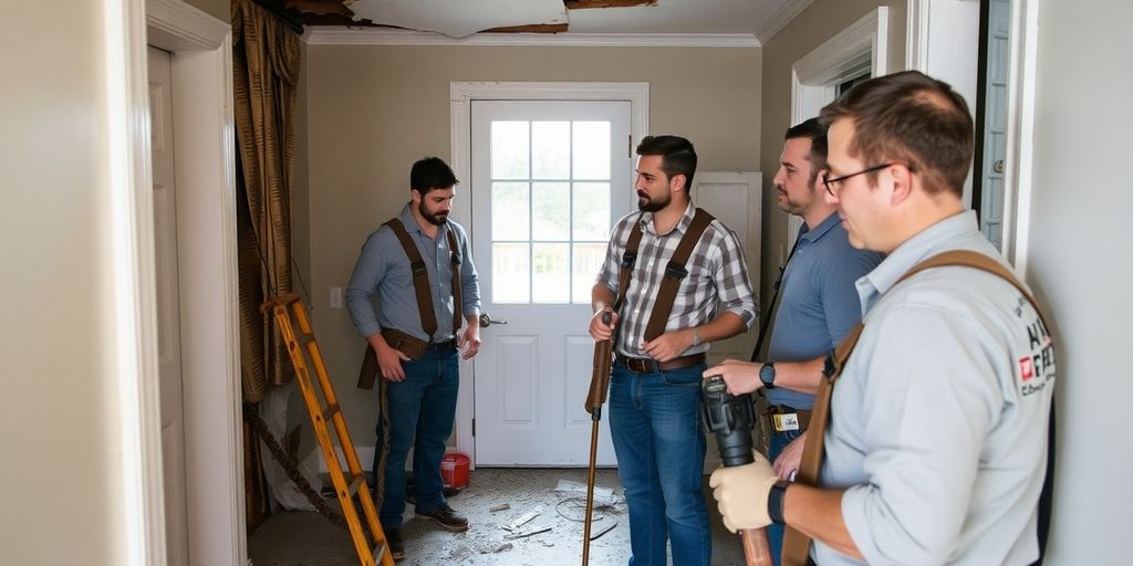 Restoration team working diligently in a damaged home.