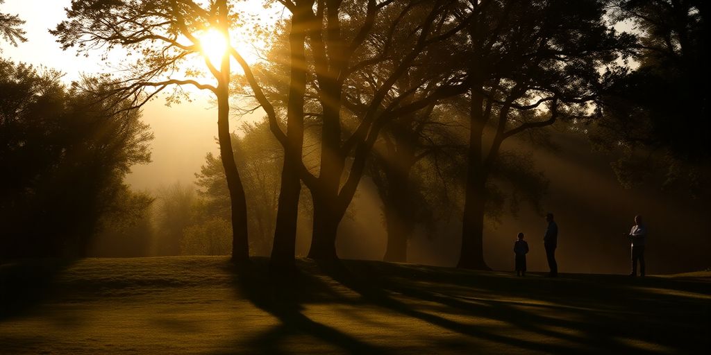 Silhouettes in a serene landscape with soft sunlight.