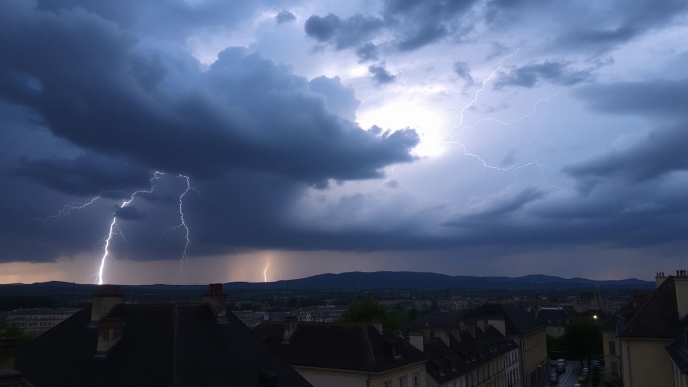 Éclairs sur ville française, nuages sombres, pluie, rues détrempées, arbres.