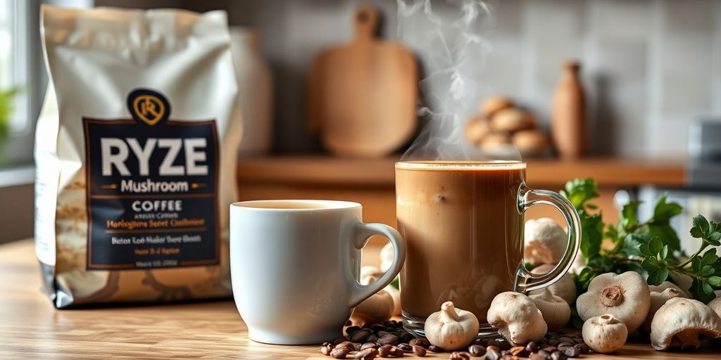 Steaming cup of Ryze Mushroom Coffee with mushrooms.