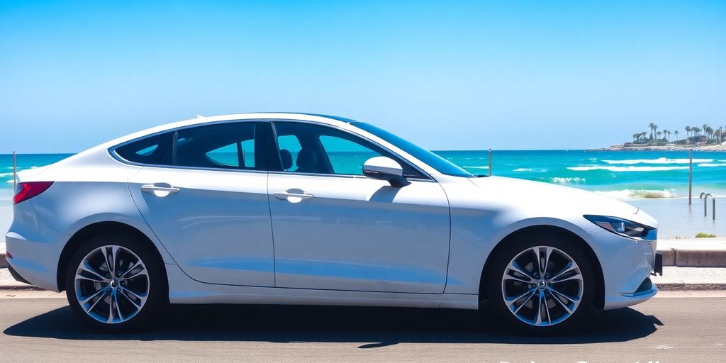 Modern car parked near beach in Ajman.