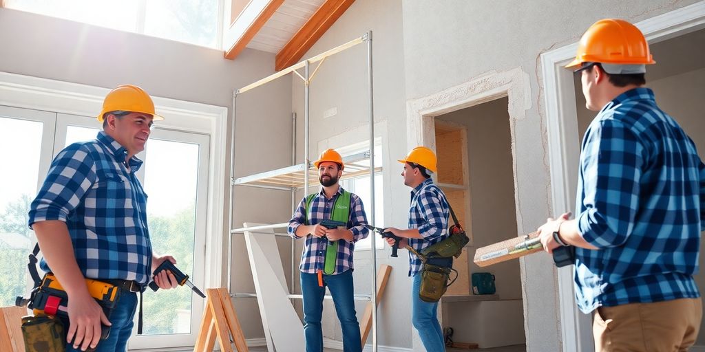 Construction workers remodeling a house with tools and materials.