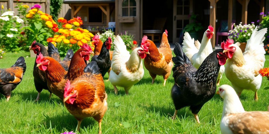 Diverse chicken breeds foraging in a sunny backyard garden.
