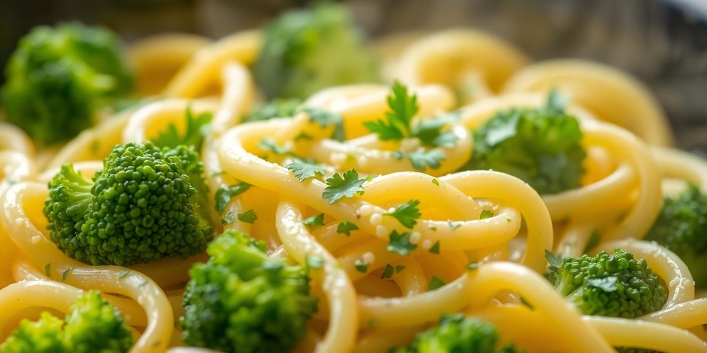 Creamy broccoli pasta in a bowl with fresh parsley.