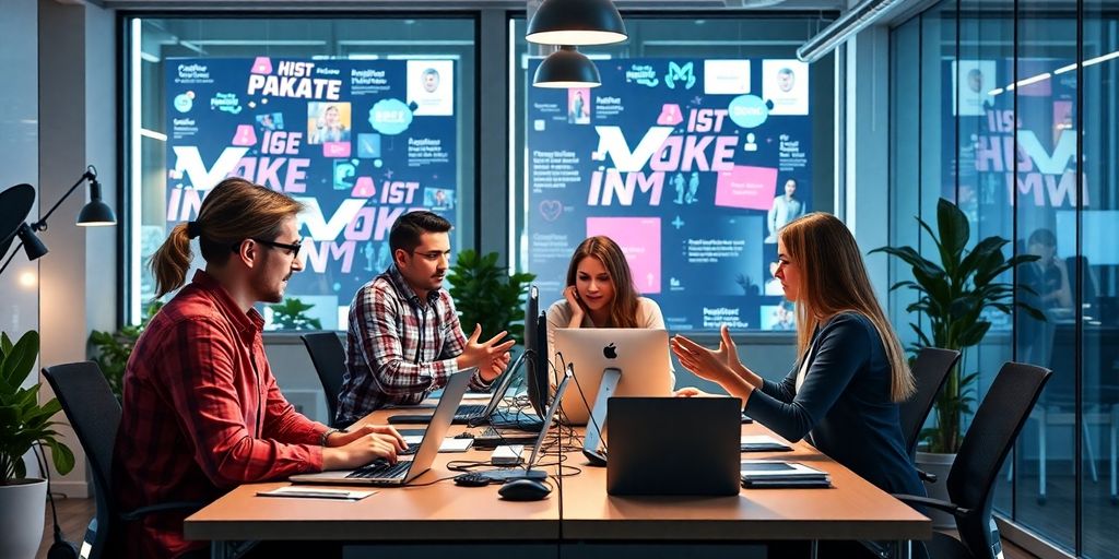 Profissionais de marketing digital em ambiente moderno.